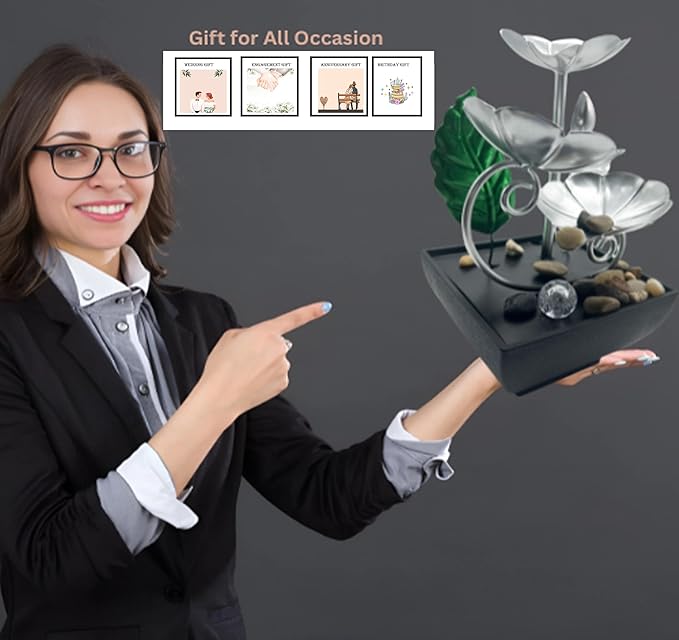 Tabletop Water Fountain with LED Light – Indoor Zen Décor with 3-Tier Design, Natural River Stones for Office, Home 8inch Tall