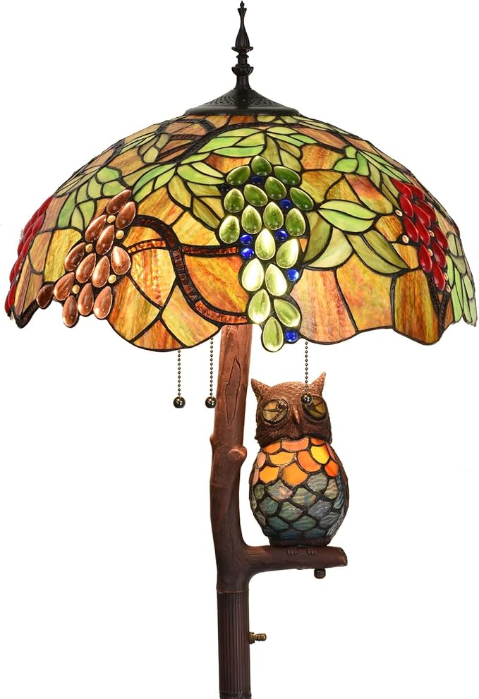 Bieye L10766 Grapes Tiffany Style Stained Glass Double-Lit Floor Lamp with Owl Night Light, 18" Wx65 H - Bloomnest