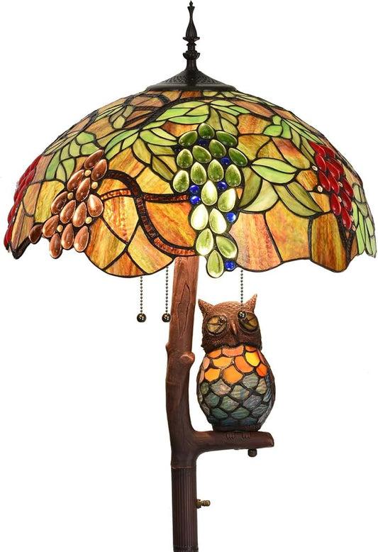 Bieye L10766 Grapes Tiffany Style Stained Glass Double-Lit Floor Lamp with Owl Night Light, 18" Wx65 H - Bloomnest