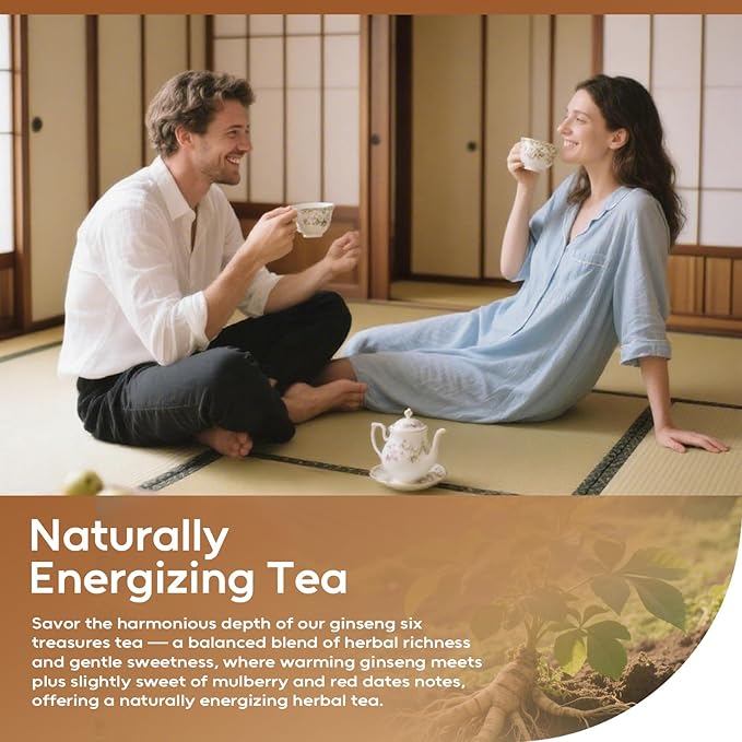 FullChea - Ginseng Six Treasure Tea, 30 Teabags, Traditional Chinese Herbal Blend for Kidney Health, Detox Tea With Ginseng, Mulberry, Huangjing, Maca, Goji Berry, Red Dates, Yam - Support Wellness - Bloomnest