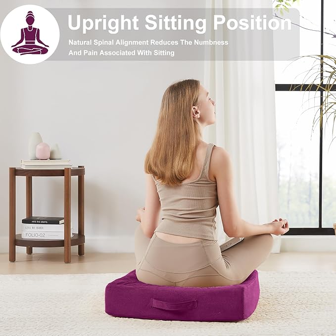 2 Pcs High Density Foam Floor Pillow - Upgraded Large Pillows Seating for Adults - Outdoor Floor Cushion with Soft Tufted Cover - Yoga Pillows for Sitting On Floor - 22 Inch Purple - Bloomnest