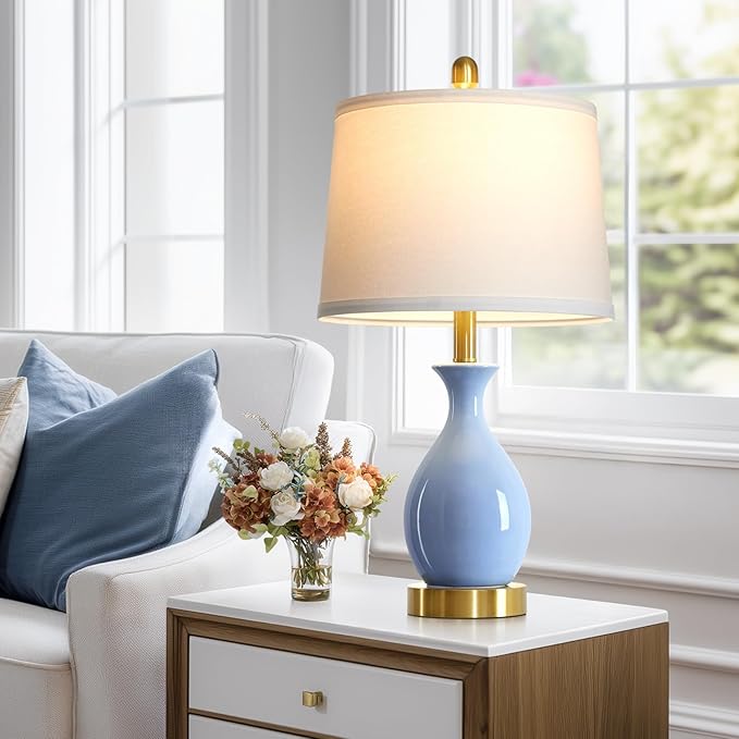 24″ Light Blue Ceramic Table Lamps Set of 2, Modern Classic Bedside Lamps for Bedroom Nightstand, Small Table Lamp for Living Room Side Table (2 LED Bulbs Included) - Bloomnest