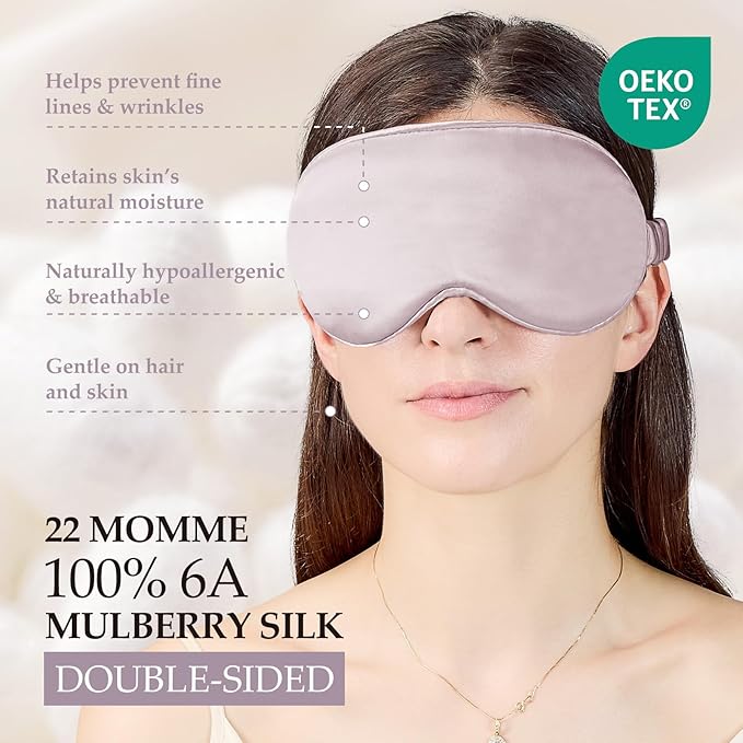 100% Mulberry Silk Sleep Mask for Unisex, 22 Momme 3D Silk Contoured Eye Mask, Breathable Light Blocking Blindfold with Adjustable Strap, Blackout Eye Cover for Travel, Dusty Purple - Bloomnest