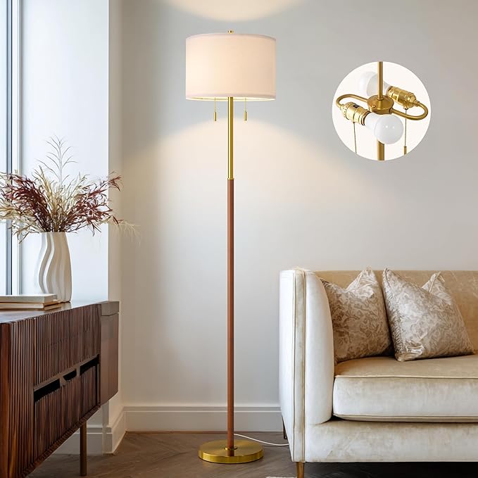 61" Wood Floor Lamp for Living Room 2-Light Standing Tall Lamps Mid Century Modern Floor Lamps for Bedroom Office Nursery Corner Industrial Reading Room Lamp, 3 Color Temperatures 9W Bulbs Included - Bloomnest