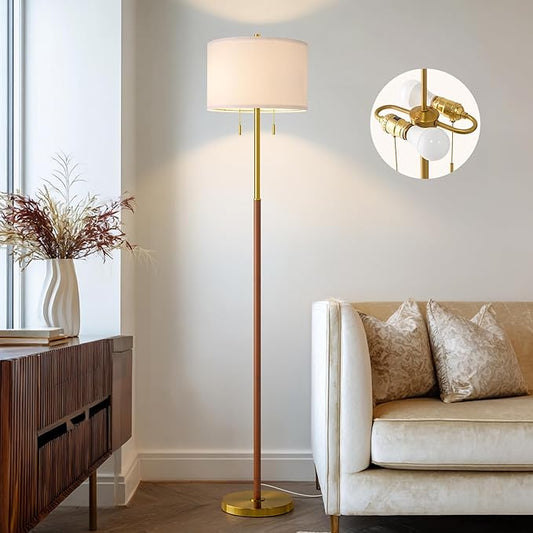 61" Wood Floor Lamp for Living Room 2-Light Standing Tall Lamps Mid Century Modern Floor Lamps for Bedroom Office Nursery Corner Industrial Reading Room Lamp, 3 Color Temperatures 9W Bulbs Included - Bloomnest