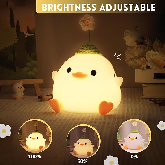 Dodo Duck Night Light, Cute Flower Duck Nursery Lamp, Portable USB Rechargeable Timer Dimmable, Silicone LED Bedside Nightlight, Best Home Bedroom Decor Gift to Kids - Bloomnest