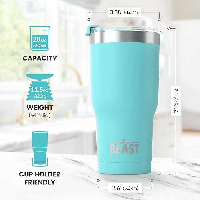 Beast 20 oz Tumbler Stainless Steel Vacuum Insulated Coffee Ice Cup Double Wall Travel Flask (Aquamarine Blue) - Bloomnest