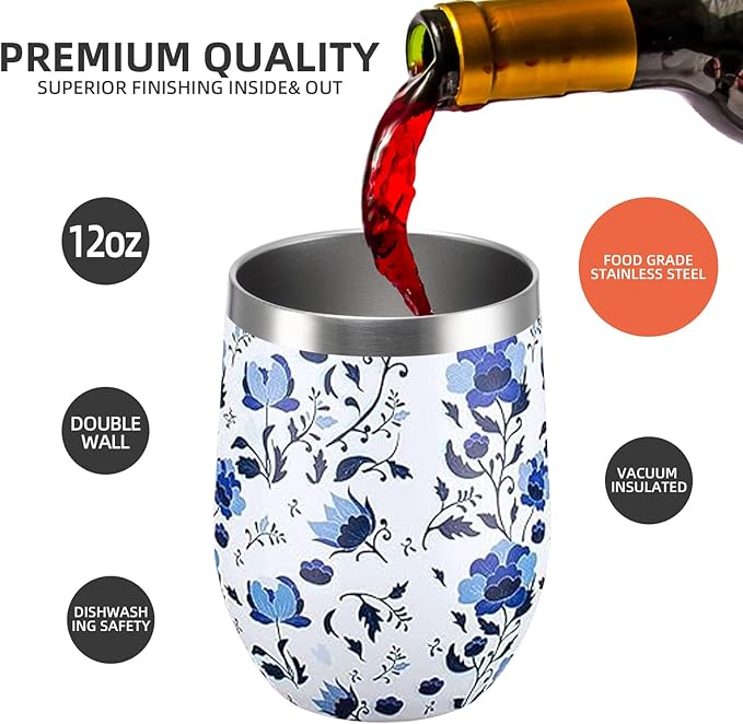 12 oz Insulated Wine Tumbler with Lid and Straw,Stainless Steel Stemless Wine Tumbler Glasses Double Wall Vacuum Wine Cups Tumbler Bulk for Coffee,Cocktail,Office (Blue and White Porcelain,8) - Bloomnest