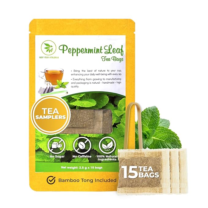 Peppermint Tea Bags - 15 Count, Mini Tea Samplers, Bamboo Tong Included, Re-Steep Herbal Tea, Cool Fresh Breath, Warm Heat, Stomach Relief, Relax, Support - Bloomnest