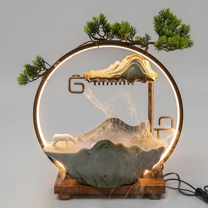 Gdrasuya10 Tabletop Water Fountains Indoor Waterfall with LED Indoor Water Fountains for Meditation with Fake Plants for Good Luck, Wealth