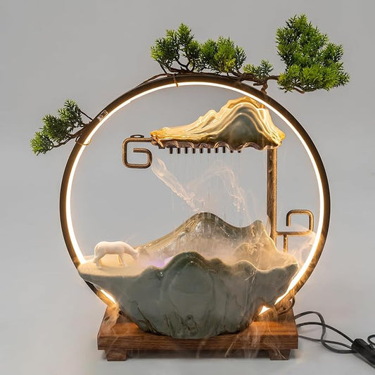 Gdrasuya10 Tabletop Water Fountains Indoor Waterfall with LED Indoor Water Fountains for Meditation with Fake Plants for Good Luck, Wealth