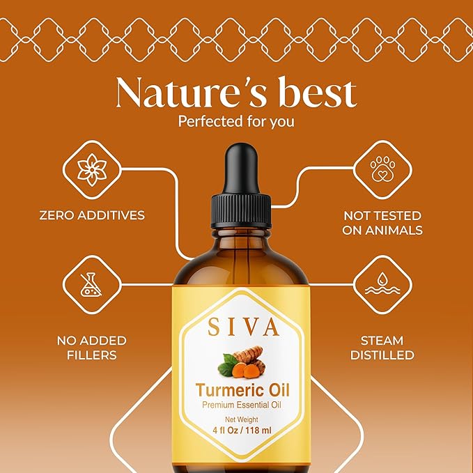 Siva Turmeric Essential Oil - 4 Fl Oz – 100% Natural Turmeric Oil - for Diffuser, Face, Skin Care, Aromatherapy, Hair Care, Scalp and Body Massage - with Dropper - Bloomnest