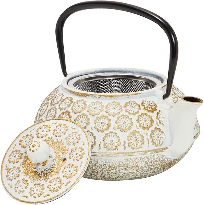 Juvale Floral Cast Iron Teapot - 34 oz, White - With Stainless Steel Infuser & Warmer - Japanese Kettle for Loose Leaf Tea - Stovetop Infuser Kettle