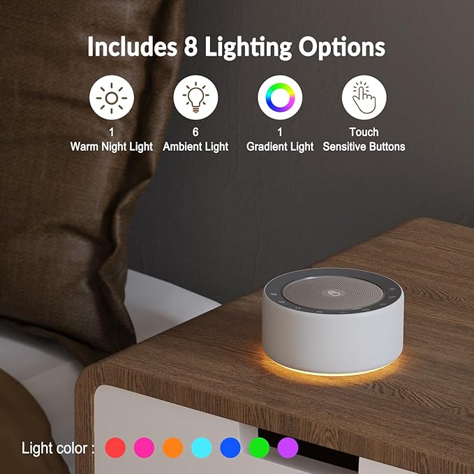 Kipcush White Noise Sound Machine with Nursery Lamp, Mood Lighting, 7 Colour Night Light, 30 Soothing Sounds for Baby/Adult. Timer, Plug in, Memory Function, Touch Control - Bloomnest
