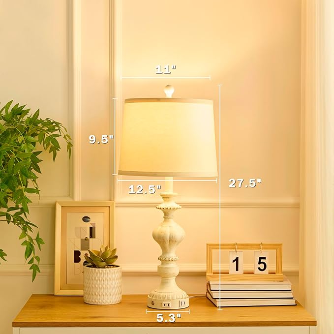 27.5" Farmhouse Table Lamps Set of 2 Bedside Nightstand Lamp with USB C+A Ports & AC Outlet, 3 Way Dimmable Touch Lamps for Bedroom Living Room Office Rustic Lamp (White Gold) - Bloomnest