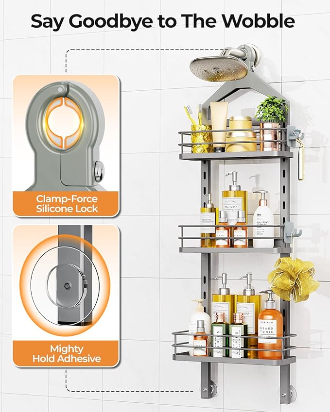 ODesign 3 Tier Height-Adjustable Shower Caddy Hanging Anti-Swing-Over The Shower Head Caddy-Showe r Storage Organizer Bathroom Shelves Basket Caddies-Grey - Bloomnest