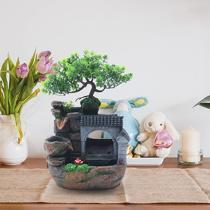 Water Fountains Indoor Tabletop Fountains Rock Fountain with Lights & Plants, Indoor Waterfall Fountain Desk Fountain Desktop Fountain for Indoor Outdoor Office Home