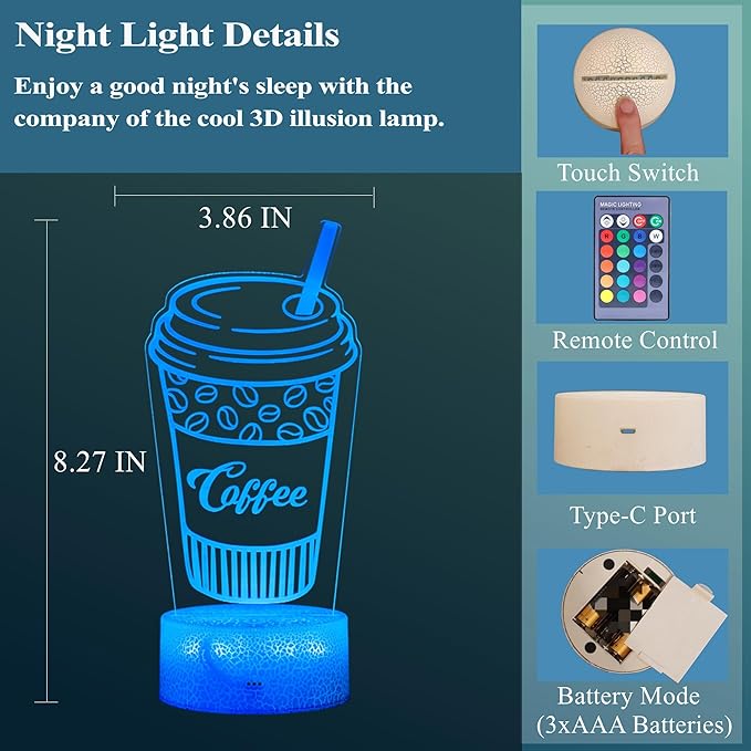 Coffee Gift, Coffee Cup Decor, 3D Illusion Night Light Lamp, 16 Colors Changing, Remote Control, Dimmable, Cafe Shop Room Decoration - Bloomnest
