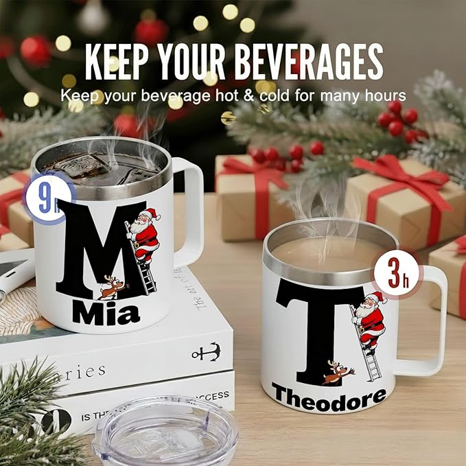 JugJug Personalized Christmas Mug with Initial & Name - Funny Santa Climbing Ladder 12oz Insulated Coffee Cup with Lid - Xmas Gifts for Kids, Boys (B158) - Bloomnest