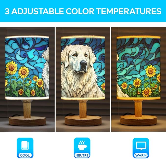 Great Pyrenees Table Lamp LED 3-Color Pressed Bedside, Dog Shade Lamp with Wood Base for Bedroom Living Room Desk Office - Bloomnest