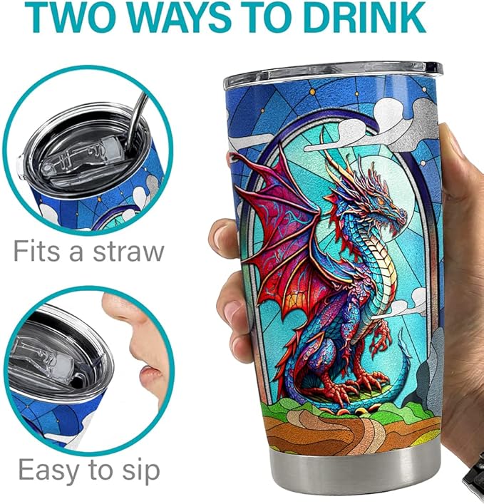 SANDJEST Personalized Dragon Tumbler with Customize Name Stained Glass Drawing 20oz 30oz Tumbler with Lid Gift for Woman Man Dragon Lovers - Bloomnest