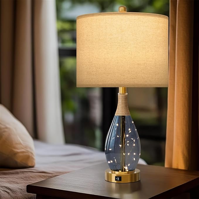 OYEARS 23" Table Lamps for Living Room Set of 2 Bedside Lamps for Night Stands Bedroom Lamps Farmhouse Rattan Boho Lamp Glass Nightlight End Table Lamp with USB C+A (Blue),Two Light Points - Bloomnest