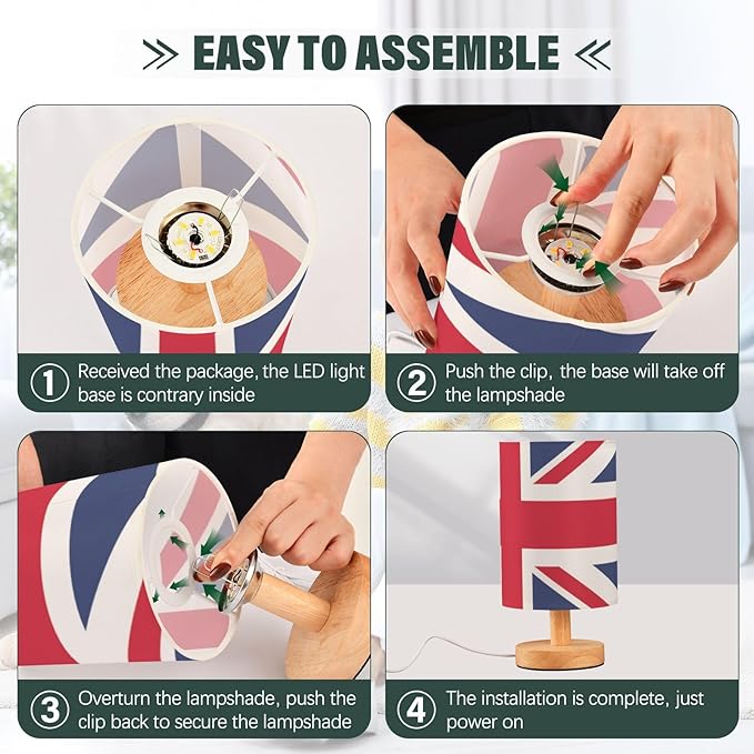 Table Lamp British Flag England London Union Jack Nightstand Lamp with Wood Base Fabric Lamp Shade Bedside Desk Lamp for Living Room Bedroom Kids Room Office - Bloomnest