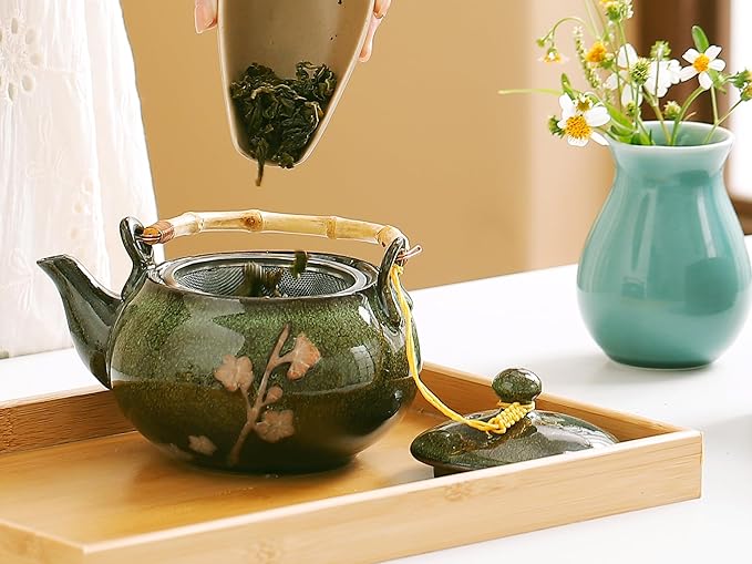 Traditional Japanese tea set, Kiln altered glaze Porcelain tea set with 1 Teapot, 6 Tea cups, 1 Tea Tray,Japanese teapot set, Asian tea sets (Kiln altered-Green) - Bloomnest