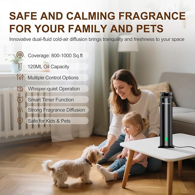 Waterless Scent Diffuser Starter Kit - 1000 Sq Ft Coverage, Essential Oil Diffuser for Home, Hotel & Office, Included 5 Scent Oils, Remote Control, Aromatherapy Diffuser, Ultra Black - Bloomnest