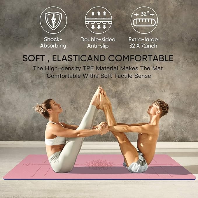 Yoga Mat Non Slip TPE Extra Wide Yoga Mat with Alignment Mark, 72"L x 32"W x 0.32"/0.24"Th (183cm x 80cm x 8mm/6mm), Anti-Tear Exercise Mat with Carrying Strap and Bag, Workout Mats for Yoga, Pilates - Bloomnest