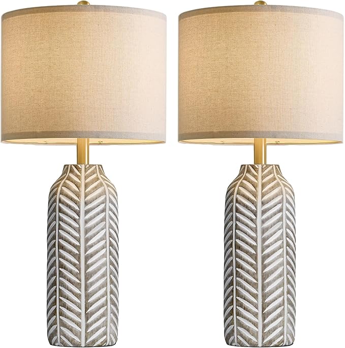 BOBOMOMO 26" Retro Farmhouse Lamps Set of 2 - Vintage Leaf Design, Living Room Lamps with Linen Shades, Rustic Resin Lamp for Bedroom, Living Room, Nightstand, Entryway, Nursery, Wood Grain - Bloomnest