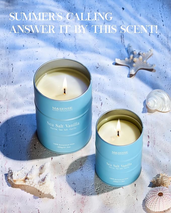 M&SENSE Sea Salt Vanilla Beach Scented Candles, Coastal Soy Candle, Summer Candle for Stress Relief Meditation Relaxing, Housewarming Gifts for Women Men, 11.3oz 70 Hour Long Burning - Bloomnest