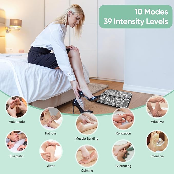 EMS Foot Massager for Neuropathy, Sport Muscle Stimulator for Circulation, Pain Relief, Foldable Feet Mat and Legs Massager Pad, 10 Modes and 39 Intensity Levels for Muscle Relaxation - Bloomnest
