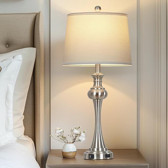 28.75"Silver Table Lamps Set of 2, 3 Way Touch Control Living Room Lamps with USB A+C Ports & Outlets , Modern Bedside Lamps, Elegant Metal Nightstand Lamps for Bedroom Office End Table Decoration - Bloomnest