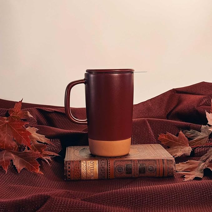 Mora Ceramics Large Tea Mug with Loose Leaf Infuser and Ceramic Lid, 18 oz, Portable, Microwave and Dishwasher Safe, Tall Coffee Cup - Rustic Matte Ceramic Glaze, Modern Herbal Tea Strainer, Merlot - Bloomnest