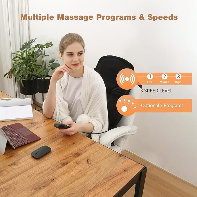 Back Massage Chair Pad, Back Massager with Heat for Pain Relief, Chair Massager for Full Body Massage, Deep Tissue Vibration Massger with 2 Adapters, Chair Massager for Office and Recliner - Bloomnest