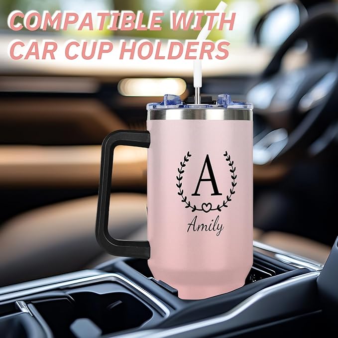 Personalized Tumbler with Handle and Straw Lid, Custom 40 Oz Cup with Name for Women, Customized Stainless Steel Travel Coffee Tumbler, Personalized Gifts for Birthday Christmas Anniversary - Bloomnest