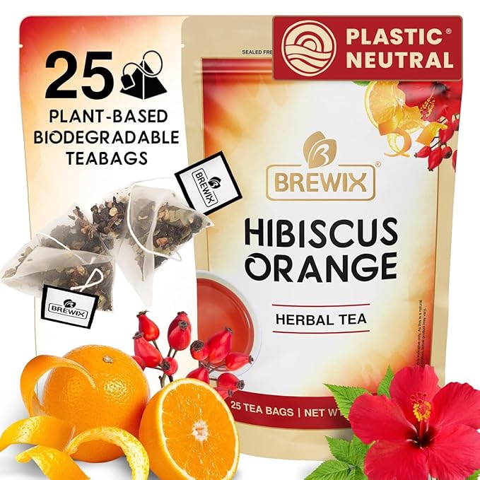 BREWIX, Hibiscus Orange Tea Bags (25 Plant Based Tea Bags) Caffeine-Free, Made with Real - Hibiscus Flowers, Rosehip, Orange Peel, Raspberry Leaf | Contains Antioxidants & Support Overall Health - Bloomnest