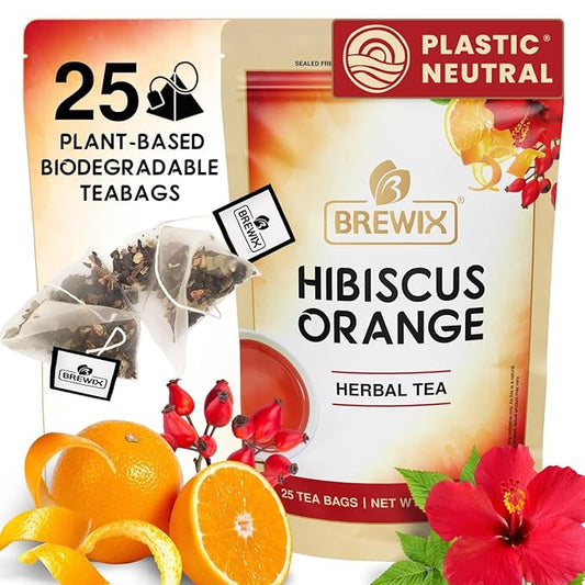 BREWIX, Hibiscus Orange Tea Bags (25 Plant Based Tea Bags) Caffeine-Free, Made with Real - Hibiscus Flowers, Rosehip, Orange Peel, Raspberry Leaf | Contains Antioxidants & Support Overall Health - Bloomnest