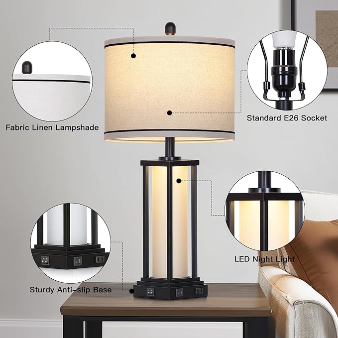 27in Tall Farmhouse Table Lamp with USB C+A & Outlet,Black Industrial End Table Lamp for Living Room,Vintage Rustic Bedside Lamp with Night Light for Bedroom Nightstand,Single Black - Bloomnest