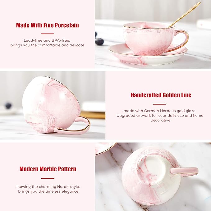 DUJUST 21 pcs Small Tea Set of 6, Pink Marble Set, Handcraft Golden Trim, Porcelain Tea Pot Set for Kids&Adults, 1 Glass Teapot(22oz), 6 Cups(4oz), 6 Saucers, 6 Spoons, 1 Shelf&1 Warmer - Bloomnest