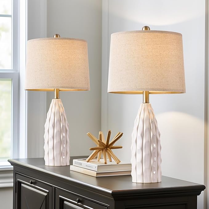 23.75-inch Ceramic Table Lamps Set of 2 for Living Room, Bedside Lamp for Bedroom and Farmhouse Nightstands or End Tables - Bloomnest