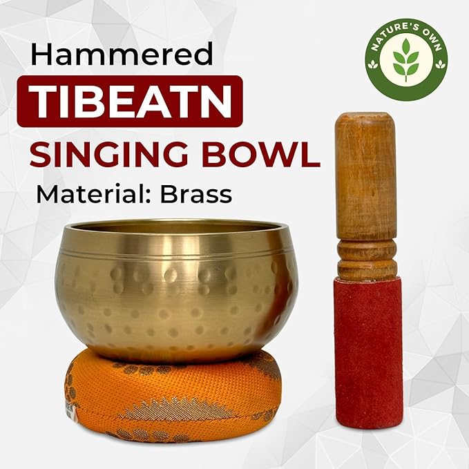 Nature's Own Tibetan Singing Bowl Set Easy to Play Meditation Sound Bowl Handcrafted in Nepal for Yoga, Mindfulness, Chakra Healing, Stress Relief Spiritual Gifts for Women & Men (5.5 Inch, Hammered) - Bloomnest