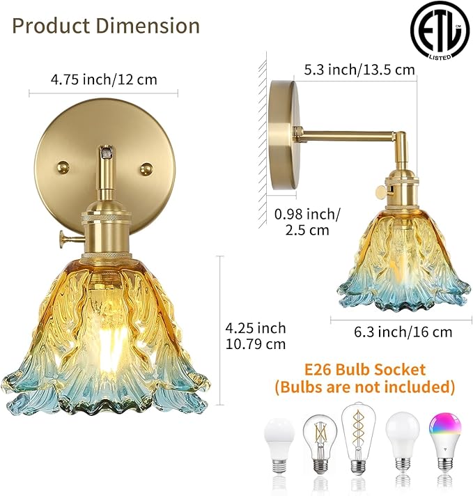 Vintage Wall Sconces Set of 2, Cabbage Yellow Lampshade & 180 Degree Adjustable, Brass Wall Lights, for Bedroom Living Room Hallway Aisle, Bulbs Not Included, ETL Listed - Bloomnest