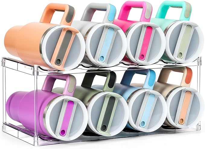 Design for Stanley 40 OZ & Large Bottles & Tumblers with Handle - Acrylic Water Bottle Organizer - Stackable Clear Wine Rack, Cup Holder for Home Kitchen Pantry Shelf Countertop Cabinet, 2 Tier Hold 8 MakeLifeBetterEasier