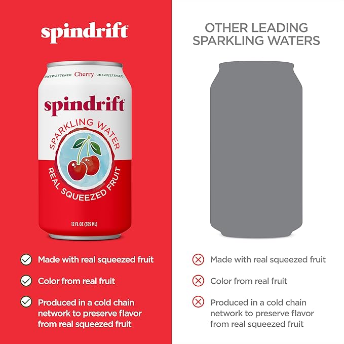 Spindrift Sparkling Water, Cherry Flavored, Made with Real Squeezed Fruit, 12 Fl Oz Cans, Pack of 24 (Only 21 Calories per Can) - Bloomnest