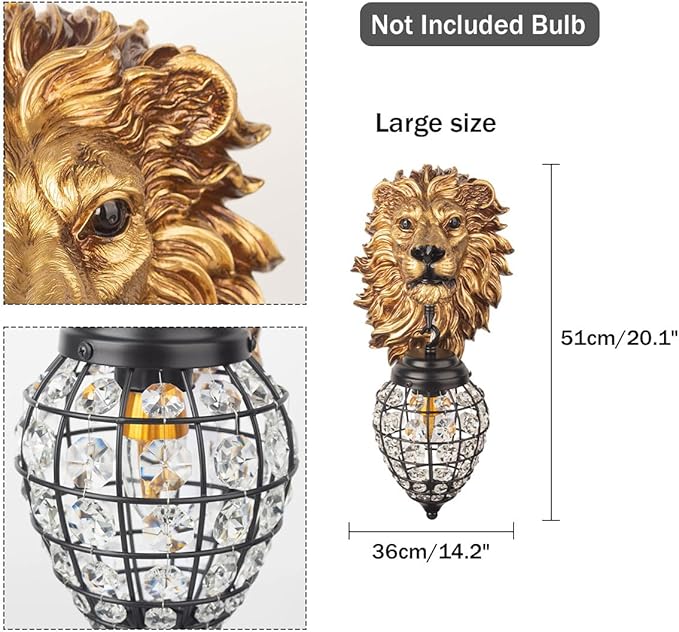 Lion Head Wall Decor Sconces Wall Lighting Retro Baroque Crystal Sconce Gold Luxury Wall Lights Fixtures for Living Room Bedroom Bedside Stairs Bathroom Mirror Headlights Lamp, E26 (B) - Bloomnest