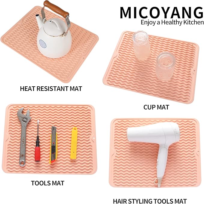 Silicone Dish Drying Mat for Multiple Usage,Easy clean,Eco-friendly,Heat-resistant Silicone Mat for Kitchen Counter or Sink,Refrigerator or drawer liner Pink L 16 inches x 12 inches - Bloomnest