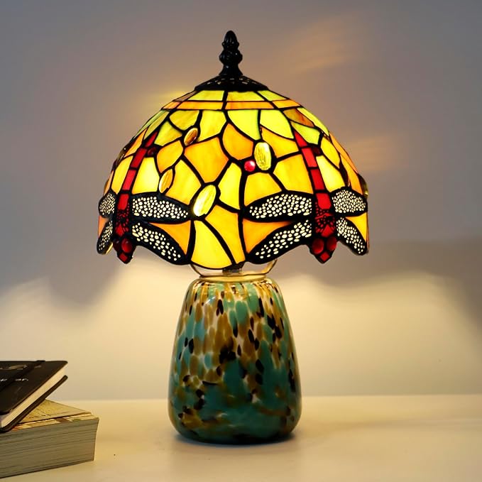 Tiffany Mushroom Table Lamp Dragonfly Style Yellow Stained Glass Accent Lamp Brown Blue Glass Base 8X8X12 Inch - Bloomnest