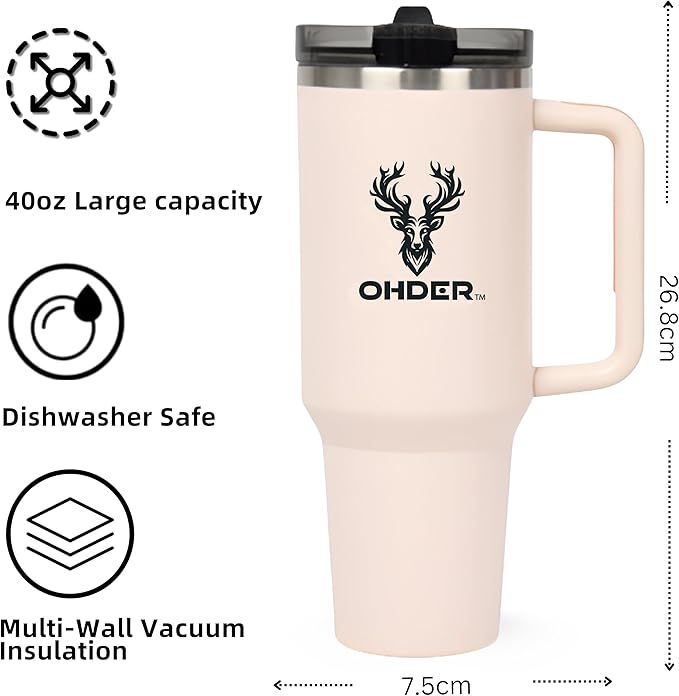 40 oz Tumbler with Handle and Straw | Vacuum Insulated Double Wall Stainless Steel Travel Mug | Leakproof, Hot and Cold | Cup Holder Friendly Base (Rose Quartz) - Bloomnest